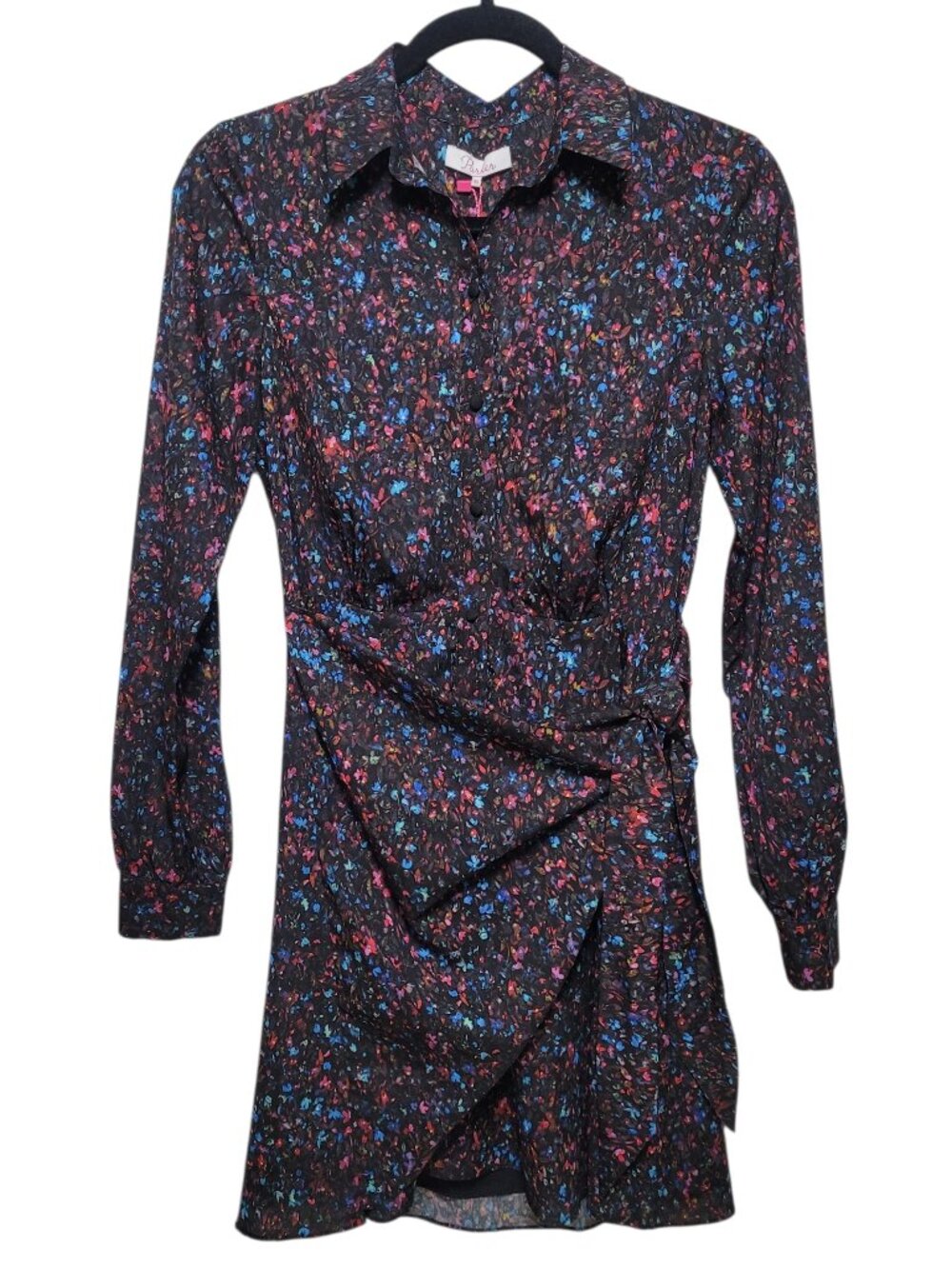 Parker Mini Ditsy Floral Long Sleeve Wrap Shirt Dress Black Multi XS Whimsigoth